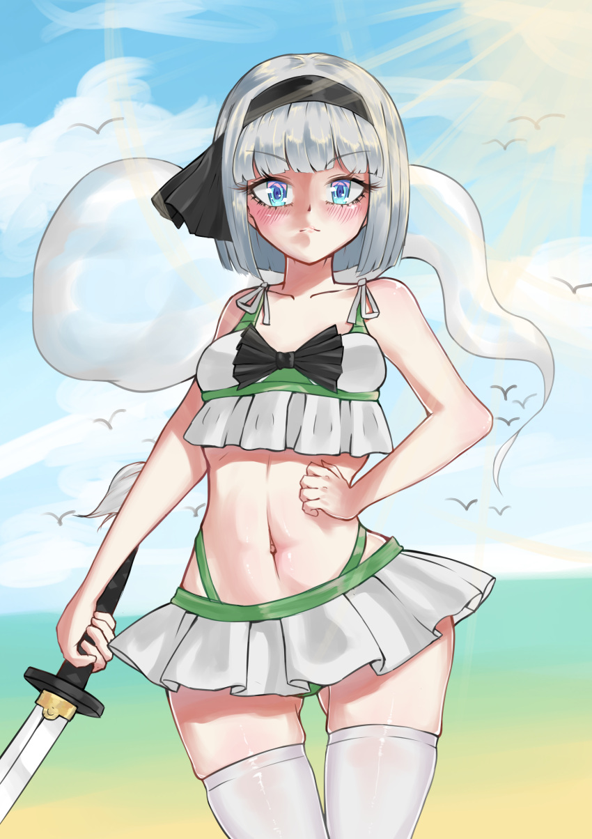 1girl absurdres ass_visible_through_thighs bangs bare_arms bare_shoulders beach bikini bikini_skirt bird black_bow blunt_bangs blush bob_cut bow breasts collarbone commentary_request day eyebrows_visible_through_hair frilled_skirt frills frown hair_bow highres holding holding_sword holding_weapon katana konpaku_youmu konpaku_youmu_(ghost) littiecy looking_at_viewer navel ocean outdoors seagull short_hair silver_hair skindentation skirt small_breasts solo stomach sunlight swimsuit sword thigh-highs thigh_gap touhou weapon white_legwear white_skirt