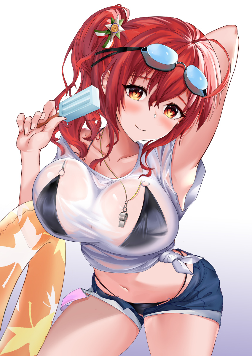 1girl absurdres ahoge arm_behind_head arm_up armpits azur_lane bangs bikini black_bikini blush breasts chinese_commentary collarbone commentary_request cowboy_shot denim denim_shorts eyebrows_visible_through_hair food goggles goggles_on_head gradient gradient_background grey_background hair_between_eyes highleg highleg_bikini highres holding holding_food innertube large_breasts leaning_forward long_hair looking_at_viewer midriff multi-strapped_bikini multiple_straps mz_(yeye_ai_chipao_mian) navel o-ring o-ring_bikini open_fly pool_ladder popsicle redhead see-through shirt short_shorts short_sleeves shorts side_ponytail sidelocks simple_background smile solo standing swimsuit t-shirt taut_clothes taut_shirt tied_shirt wet wet_clothes wet_shirt whistle whistle_around_neck white_background white_shirt zara_(azur_lane) zara_(poolside_coincidence)_(azur_lane)