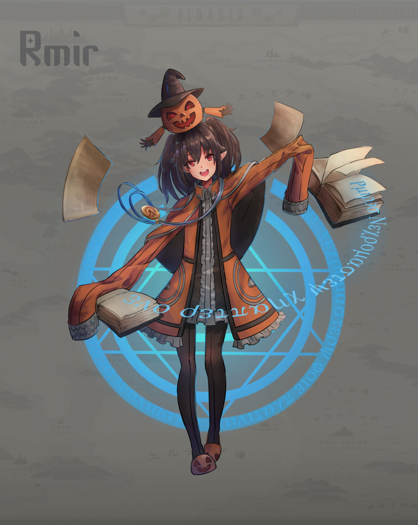 1girl :d absurdres book brown_hair brown_legwear capelet coat floating floating_book floating_object full_body head_tilt highres jack-o'-lantern long_sleeves looking_at_viewer magic_circle nekojira open_book open_mouth orange_capelet orange_coat original outstretched_arms pantyhose pixiv_fantasia pixiv_fantasia_revenge_of_the_darkness red_eyes sleeves_past_fingers sleeves_past_wrists slippers smile solo spread_arms twintails two-sided_capelet