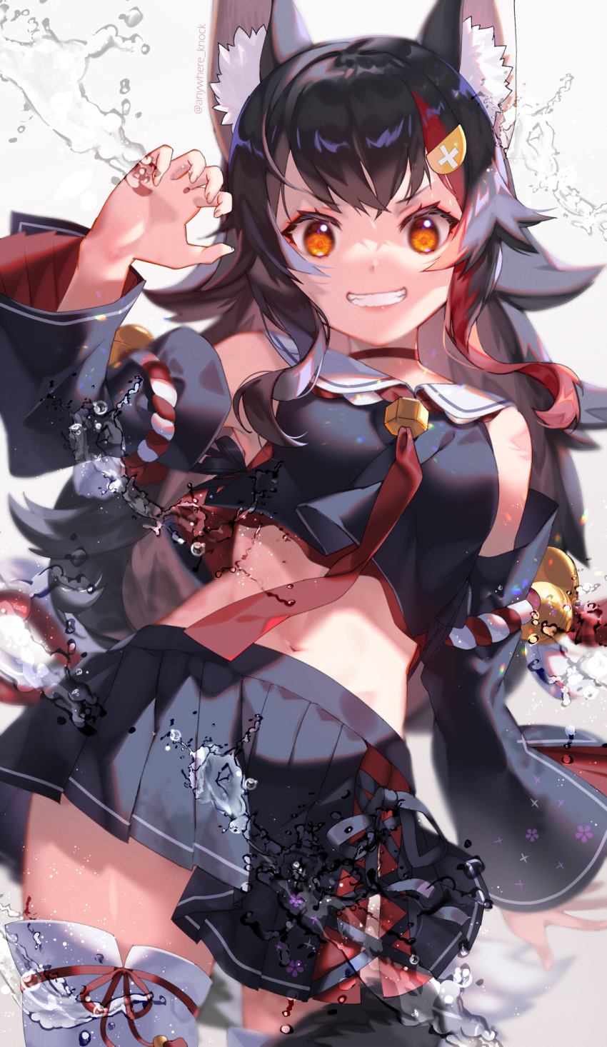 1girl animal_ear_fluff animal_ears anywhere_knock arm_up bangs black_hair black_shirt black_skirt choker claw_pose commentary_request cowboy_shot crop_top detached_sleeves eyebrows_visible_through_hair grin hair_ornament hairclip highres hololive kouhaku_nawa long_hair long_sleeves looking_at_viewer midriff multicolored_hair navel necktie ookami_mio orange_eyes pleated_skirt red_choker red_neckwear redhead sailor_collar school_uniform serafuku shirt simple_background skirt smile solo standing streaked_hair tail tail_around_leg tail_wrap thigh-highs twitter_username v-shaped_eyebrows virtual_youtuber white_background white_legwear white_sailor_collar wolf_ears wolf_girl wolf_tail