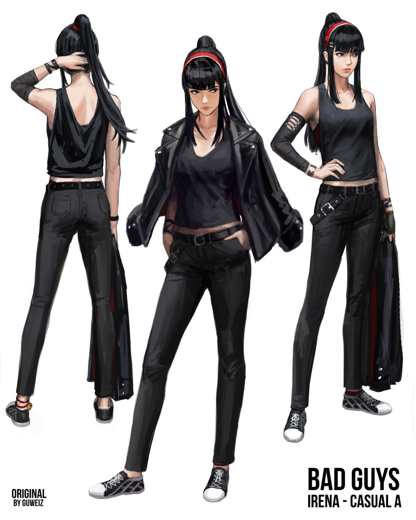 1girl absurdres artist_name bangs black_eyes black_footwear black_hair black_jacket black_pants black_tank_top breasts character_name commentary english_commentary guweiz hairband hands_in_pockets highres holding holding_clothes holding_jacket jacket jacket_on_shoulders jacket_removed long_hair multiple_views original pants ponytail red_hairband shoes sidelocks simple_background small_breasts standing tank_top white_background