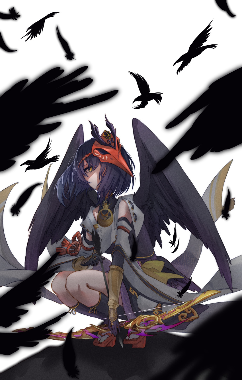 1girl arrow_(projectile) asymmetrical_hair bangs bird bird_mask bird_wings black_bodysuit black_footwear black_gloves bodysuit bow_(weapon) commentary_request crow detached_sleeves feathered_wings feathers genshin_impact geta gloves hair_over_one_eye highres japanese_clothes jewelry kneehighs kujou_sara long_sleeves looking_at_viewer mask mask_on_head necklace purple_hair red_footwear ritsuka_mash simple_background solo squatting tassel tengu-geta tengu_mask weapon white_background wide_sleeves wings yellow_eyes