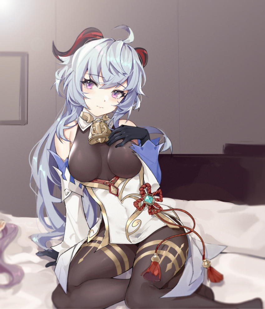 ahoge arm_support bangs bare_shoulders bed bell black_gloves black_legwear blue_hair breasts chinese_knot curled_horns detached_sleeves eyebrows_visible_through_hair ganyu_(genshin_impact) genshin_impact gloves gold_trim hand_on_own_chest highres horns indoors long_hair looking_at_viewer medium_breasts neck_bell sidelocks sitting solo tassel thighlet very_long_hair violet_eyes vision_(genshin_impact) white_sleeves ximubingo yokozuwari