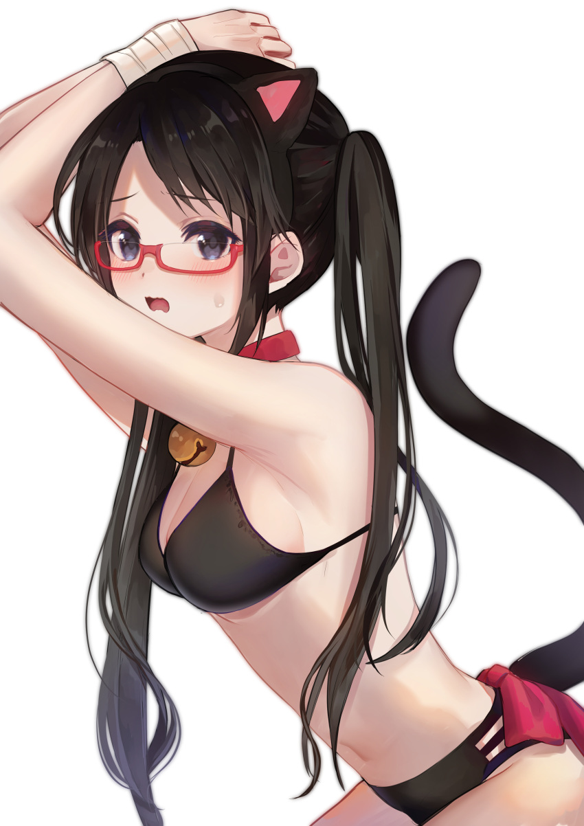 1girl absurdres animal_ears armpits arms_up bell black_bra black_hair black_panties blue_eyes blush bound bra breasts cat_ears cat_girl cat_lingerie cat_tail collar glasses highres idolmaster idolmaster_shiny_colors jingle_bell meme_attire mitsumine_yuika neck_bell panties red_collar red_ribbon ribbon simple_background solo sweatdrop tail tied_up_(nonsexual) twintails underwear white_background woruka