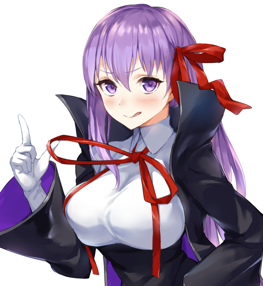 1girl :q bb_(fate) bb_(fate/extra) black_coat black_skirt blush closed_mouth coat fate/extra fate_(series) fumikiri gloves hair_ribbon high-waist_skirt index_finger_raised long_hair long_sleeves looking_at_viewer neck_ribbon open_clothes open_coat purple_hair red_neckwear red_ribbon ribbon shirt simple_background skirt smile solo tongue tongue_out upper_body violet_eyes white_background white_gloves white_shirt wide_sleeves