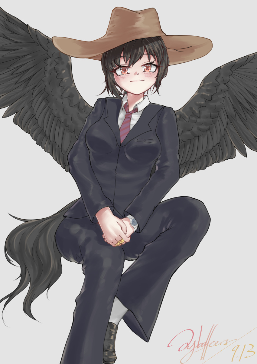 1girl absurdres black_footwear black_hair black_jacket black_pants black_suit black_wings blush breasts brown_headwear closed_mouth collared_shirt commentary_request cowboy_hat dated feathered_wings grey_background hat head_tilt highres horse_tail jacket jewelry kurokoma_saki littiecy loafers long_sleeves medium_breasts necktie pants red_eyes ring shirt shoes short_hair signature simple_background sitting smile socks solo striped striped_neckwear tail touhou watch watch white_legwear white_shirt wings