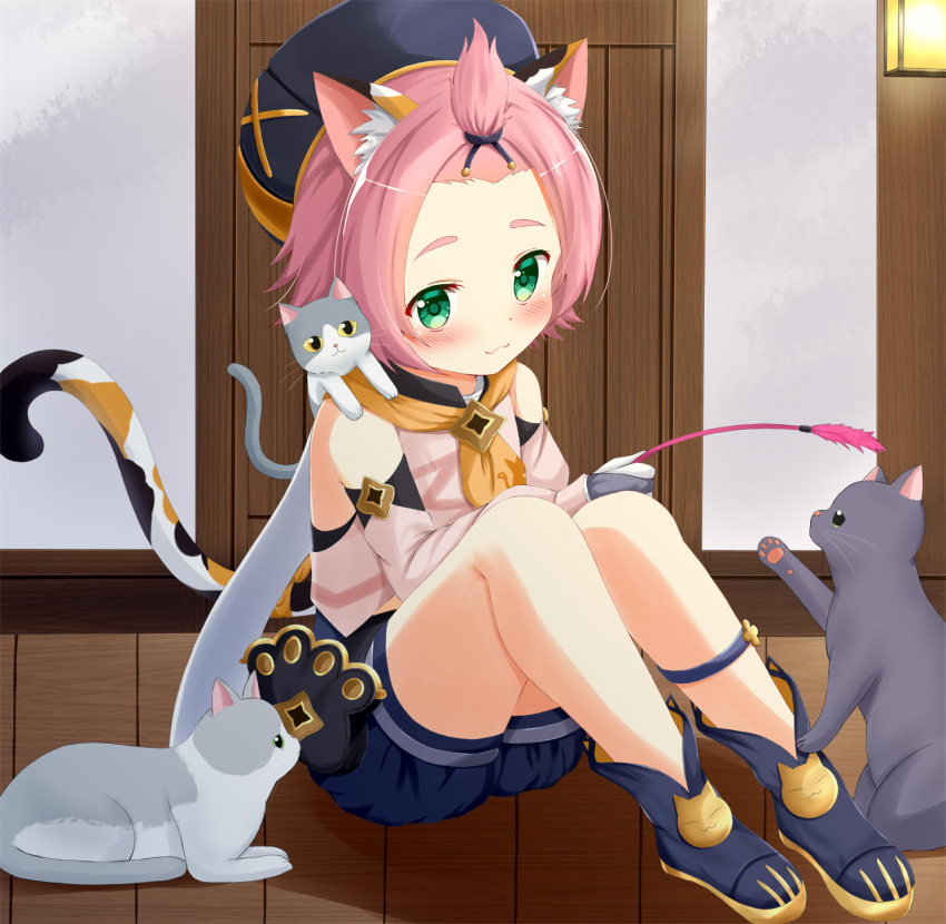 1girl animal_ears animal_print bag bangs_pinned_back black_shorts cat cat_ears cat_girl cat_print cat_tail cat_teaser commentary_request detached_sleeves diona_(genshin_impact) door forehead genshin_impact gloves green_eyes hair_ribbon hat highres holding long_sleeves paw_print pink_hair playing puffy_detached_sleeves puffy_shorts puffy_sleeves ribbon short_hair shorts sidelocks sitting smile tail thick_eyebrows white_gloves wooden_floor yoboshi