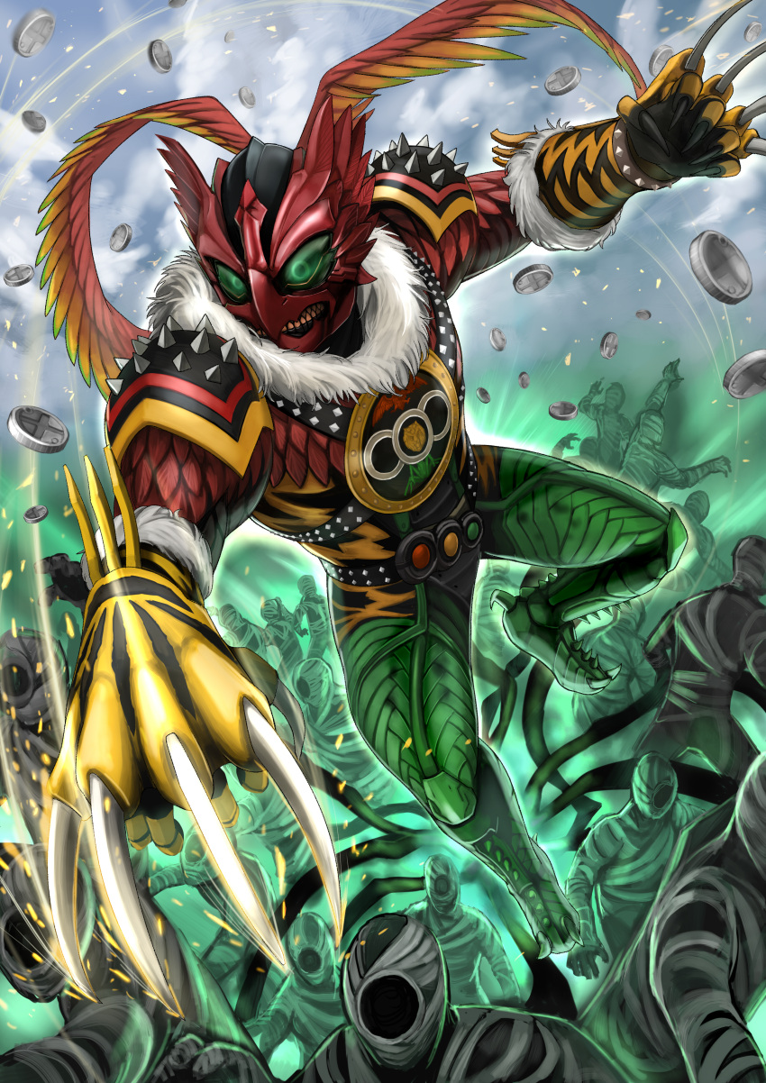 1boy absurdres animal_hands animal_print another_ooo_(zi-o) another_rider_(zi-o) army arthropod_legs belt bird bird_wings blue_sky bug claws clenched_hand clenched_teeth core_medal creature evil feathered_wings feathers fighting_stance flying fur_trim grasshopper green_armor green_eyes green_footwear hawk head_wings helmet highres jungle kamen_rider kamen_rider_zi-o_(series) medal monster nature shinpei_(shimpay) sky studded_belt teeth tiger tiger_print wings yellow_armor yummy_(ooo)