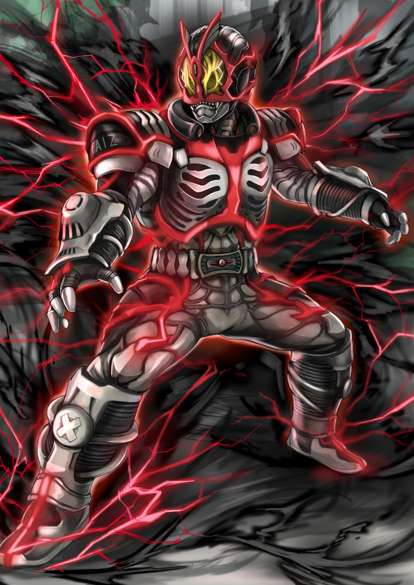 1boy absurdres another_rider_(zi-o) another_rider_faiz_(zi-o) armor aura black_armor black_background black_legwear black_skin burning clenched_teeth colored_skin creature driver fins gauntlets glowing grimace head_fins highres kamen_rider kamen_rider_zi-o_(series) karasu820621 male_focus monster powering_up teeth visor white_armor yellow_eyes