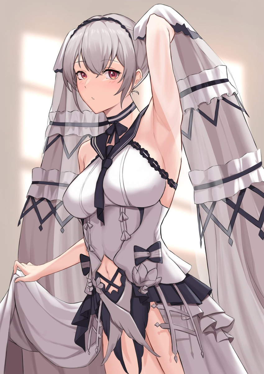 1girl armpits azur_lane bangs blush breasts closed_mouth clothes_lift dress dress_lift eyebrows_visible_through_hair feet_out_of_frame formidable_(azur_lane) formidable_(timeless_classics)_(azur_lane) genno_19pkn hair_ornament hairband hand_in_hair highres long_hair looking_at_viewer medium_breasts navel platinum_blonde_hair red_eyes simple_background solo standing twintails very_long_hair white_dress