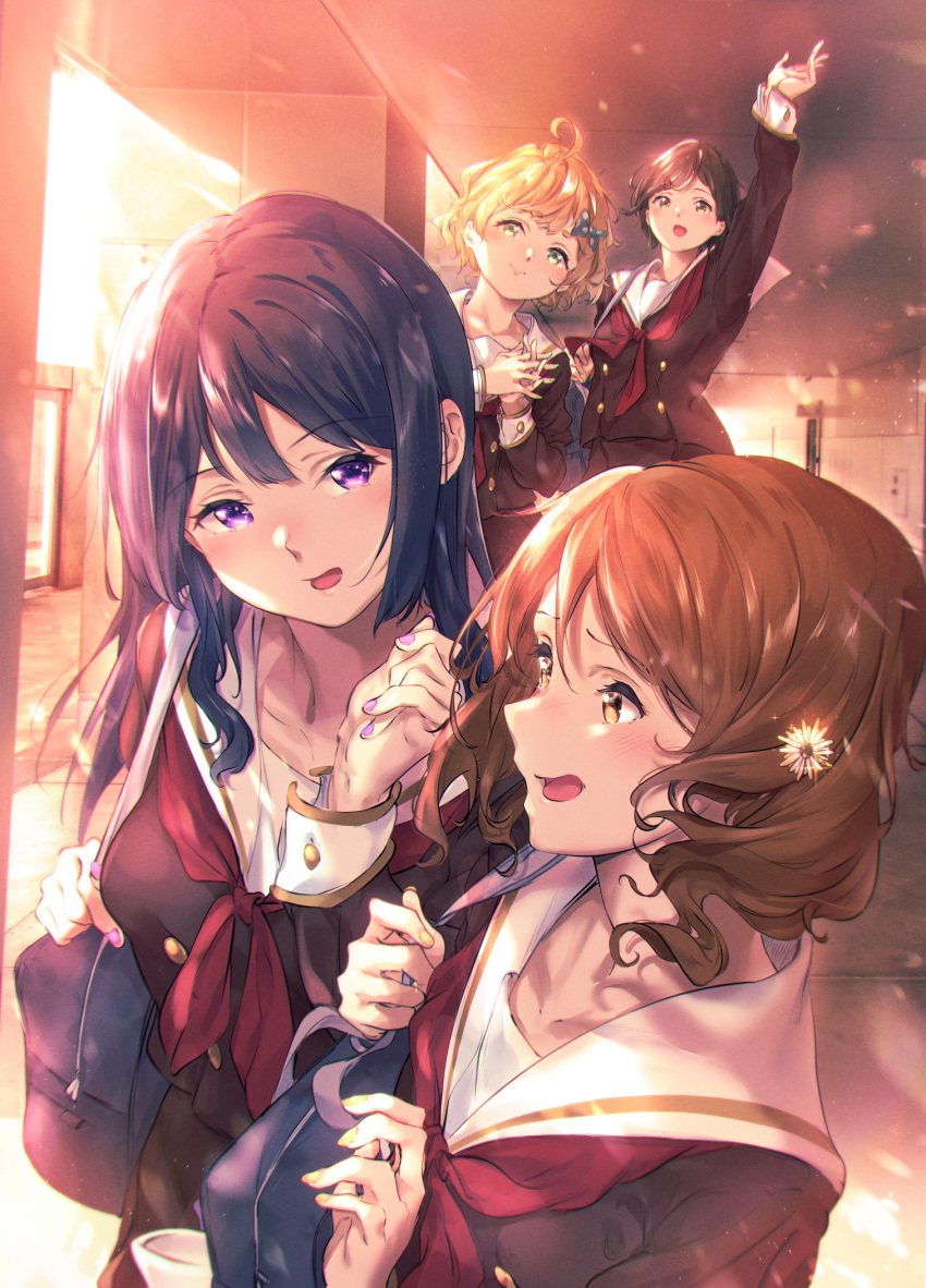 4girls bag bangs black_hair blonde_hair blue_bow bow brown_eyes brown_hair brown_shirt brown_skirt green_eyes hair_bow hair_ornament hallway hand_up hands_together hibike!_euphonium highres indoors katou_hazuki kawashima_sapphire kitauji_high_school_uniform kousaka_reina kuziaaizuk long_hair long_sleeves looking_at_another looking_at_viewer medium_hair multiple_girls nail_polish neckerchief open_mouth oumae_kumiko pleated_skirt red_neckwear sailor_collar school_bag school_uniform serafuku shirt short_hair skirt smile standing sunlight violet_eyes white_sailor_collar window