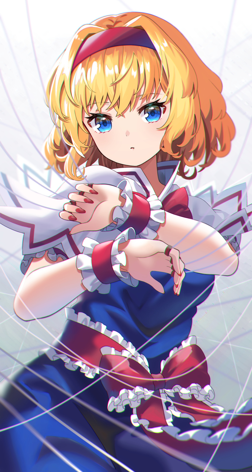 1girl absurdres alice_margatroid blonde_hair blue_eyes capelet fingernails frilled_ribbon frills hairband highres nail_polish parted_lips puppet_strings red_hairband red_nails red_neckwear red_ribbon ribbon shirt short_hair short_sleeves solo touhou white_capelet white_shirt yuujin_(yuzinn333)