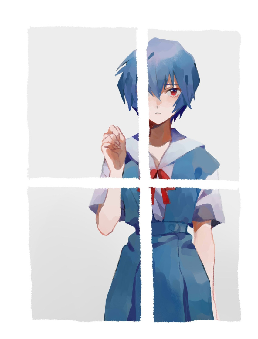 1girl ayanami_rei bangs blue_dress blue_hair bow bowtie closed_mouth cowboy_shot curled_fingers dress dress_shirt expressionless hand_up highres karasuuri_(k0716) looking_at_viewer neon_genesis_evangelion pinafore_dress red_eyes red_neckwear school_uniform shirt short_hair short_sleeves solo upper_body white_background white_shirt window