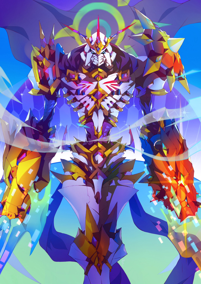 1boy absurdres armor blue_background blue_eyes cape commentary digimon digimon_(creature) digital_dissolve english_commentary extra_eyes gradient gradient_background green_background highres horns looking_at_viewer multiple_horns nateasora omegamon omegamon_alter-s solo spikes violet_eyes yellow_eyes