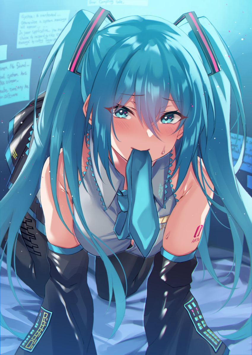 all_fours bare_shoulders bent_over blue_eyes blue_hair blush breasts button_gap detached_sleeves embarrassed hanging_breasts hatsune_miku highres in_mouth inue_ao large_breasts looking_at_viewer naughty_face sweatdrop thigh-highs twintails vocaloid zettai_ryouiki