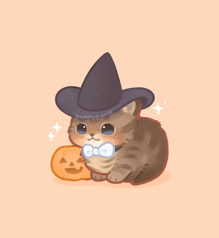 animal artist_name black_headwear blue_eyes blush bow bowtie brown_cat cat clothed_animal hat highres kapebeansies no_humans orange_background original photo-referenced pumpkin simple_background sparkle watermark white_bow witch_hat