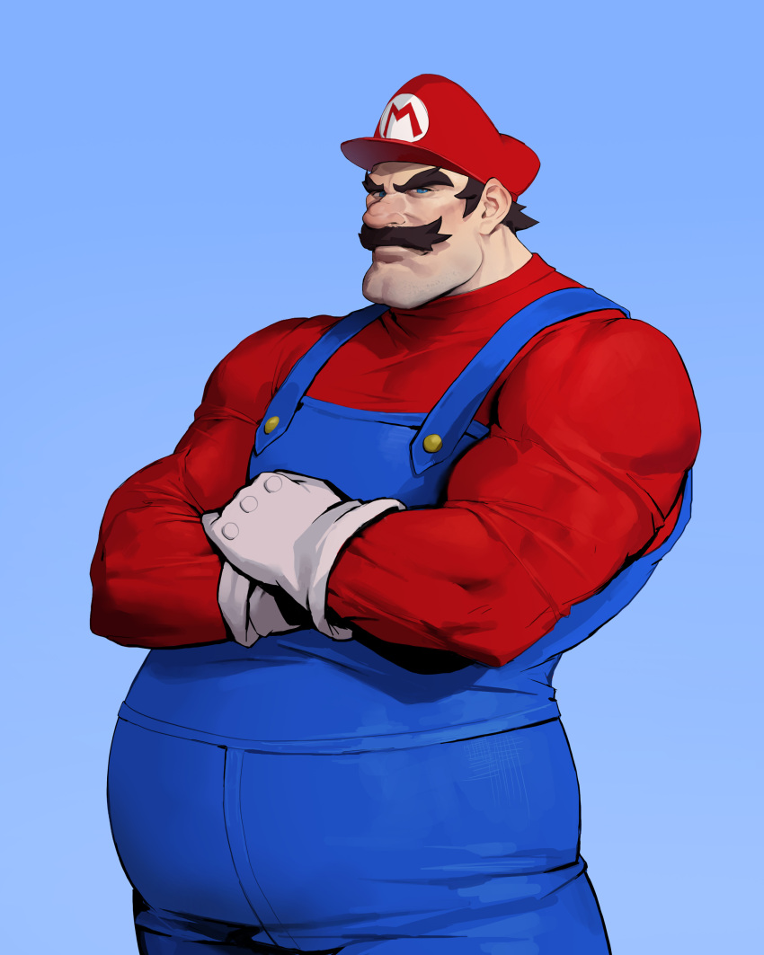 1boy absurdres bangs belly blue_background blue_eyes brown_hair commentary cowboy_shot dongho_kang facial_hair fat fat_man gloves gradient gradient_background hat highres looking_at_viewer male_focus mario muscular muscular_male mustache overalls red_headwear red_shirt serious shirt short_hair simple_background solo super_mario_bros. thick_eyebrows tight tight_shirt white_gloves