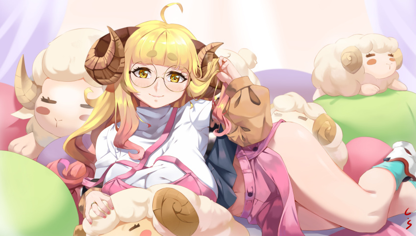 1girl absurdres ahoge alternate_costume anila_(granblue_fantasy) bangs bespectacled blonde_hair blunt_bangs breasts caesar_salad casual curled_horns draph eyebrows_visible_through_hair glasses granblue_fantasy highres hikimayu horns jacket large_breasts long_hair lying midriff_peek miniskirt navel on_side open_clothes open_jacket pillow pink_nails sheep shirt side_slit skirt smile solo_focus thighs wavy_hair white_shirt