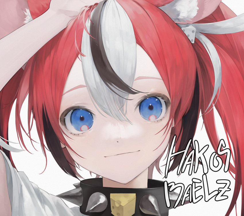 1girl absurdres animal_ear_fluff animal_ears arm_up black_collar black_hair blue_eyes character_name collar dice_hair_ornament english_text face hair_between_eyes hair_ornament hakos_baelz highres hololive hololive_english huge_filesize looking_at_viewer mile_(mil2) mouse_ears mouse_girl multicolored_hair pale_skin portrait redhead solo spiked_collar spikes streaked_hair virtual_youtuber white_hair