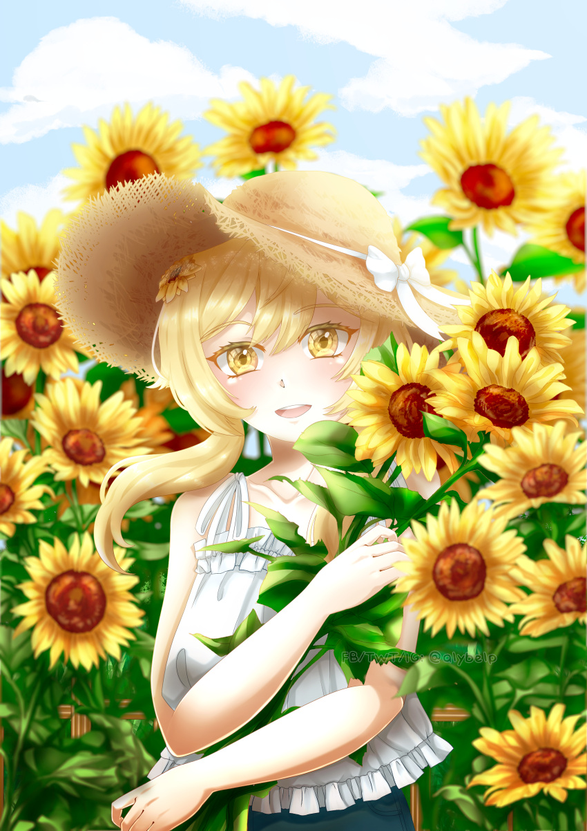 1girl :d absurdres alternate_costume alybelp bangs bare_shoulders blonde_hair blue_sky blurry carrying casual clouds cloudy_sky collarbone commentary contemporary denim depth_of_field english_commentary eyebrows_visible_through_hair flower genshin_impact hair_between_eyes hair_flower hair_ornament hat highres looking_at_viewer lumine_(genshin_impact) open_mouth short_hair short_hair_with_long_locks sidelocks sky smile solo spaghetti_strap straw_hat sun_hat sunflower yellow_eyes