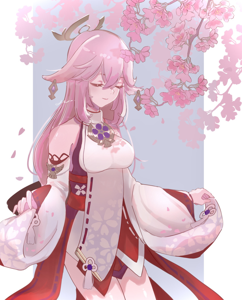 1girl absurdres animal_ears bangs border branch breasts cherry_blossoms closed_eyes commentary_request cropped_legs detached_sleeves earrings floral_print fox_ears genshin_impact hair_between_eyes hair_ornament highres japanese_clothes jewelry kirishima_deko large_breasts long_hair long_sleeves miko necklace petals pink_hair sidelocks smile solo tassel thighs traditional_clothes turtleneck wide_sleeves yae_(genshin_impact)