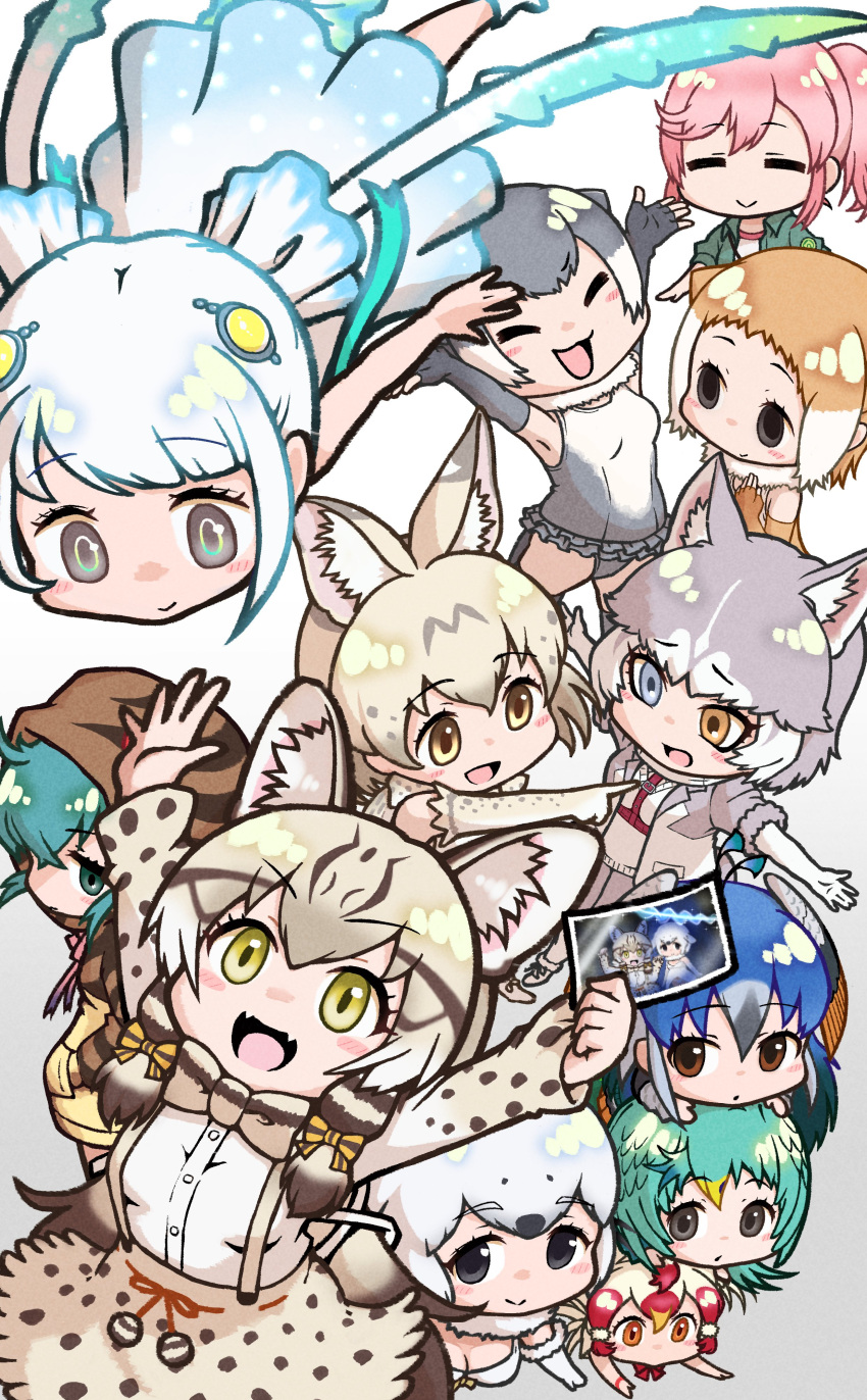6+girls ^_^ absurdres animal_ears arms_up bird_wings black_eyes blonde_hair blue_eyes blue_hair bow bowtie brown_eyes brown_hair cat_ears chibi chicken_(kemono_friends) closed_eyes closed_mouth colored_inner_hair dog_(mixed_breed)_(kemono_friends) dress dress_shirt elbow_gloves empty_eyes extra_ears facing_another fangs fingerless_gloves floating fur_collar furrowed_brow geoffroy's_cat_(kemono_friends) gloves green_eyes green_hair grey_hair hair_between_eyes hair_bow hair_ornament hand_in_pocket harness harp_seal_(kemono_friends) head_wings heterochromia highres holding holding_photo hood hood_up hoodie hoshino_mitsuki jacket japanese_otter_(kemono_friends) kemono_friends long_hair looking_at_another lying_on_person medium_hair multicolored_hair multiple_girls nana_(kemono_friends) one-piece_swimsuit open_mouth orange_eyes otter_ears outstretched_arm outstretched_arms peafowl_(kemono_friends) photo_(object) pink_hair pocket pointing_at_another ponytail redhead resplendent_quetzal_(kemono_friends) shirt sidelocks silver_hair simple_background skirt skyfish_(kemono_friends) small-clawed_otter_(kemono_friends) smile standing striped striped_hoodie suspender_skirt suspenders swimsuit tsuchinoko_(kemono_friends) twintails white_background white_hair white_serval_(kemono_friends) wings yellow_eyes