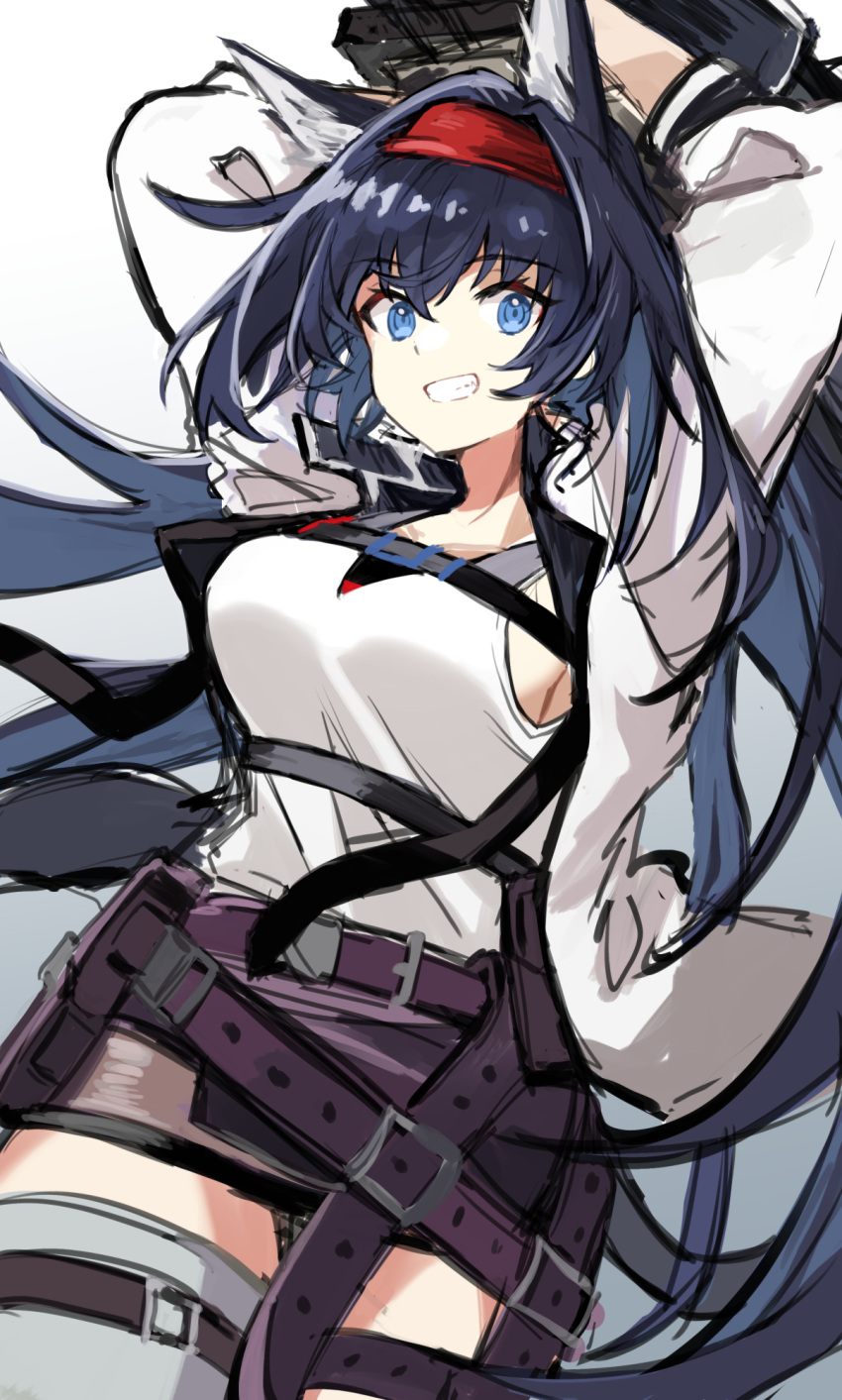 1girl :d animal_ears arknights arms_behind_head black_hair blaze_(arknights) blue_eyes breasts cat_ears exion_(neon) eyebrows_visible_through_hair grin hair_between_eyes hairband highres jacket large_breasts long_hair looking_at_viewer open_clothes open_jacket open_mouth red_hairband shirt smile solo thigh-highs white_jacket white_legwear white_shirt