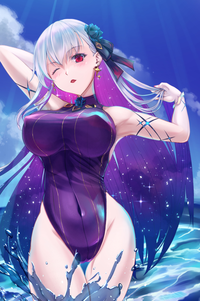1girl armpits arms_up bangs bare_shoulders blue_hair blue_sky blue_swimsuit blush body_markings bracelet breasts covered_navel earrings ex_saki fate/grand_order fate_(series) flower hair_flower hair_ornament hair_ribbon highleg highleg_swimsuit highres jewelry kama_(fate) kama_(swimsuit_avenger)_(fate) large_breasts long_hair looking_at_viewer lotus multicolored_hair ocean one-piece_swimsuit one_eye_closed red_eyes ribbon silver_hair sky smile solo star_(symbol) star_earrings swimsuit thighs two-tone_hair wading