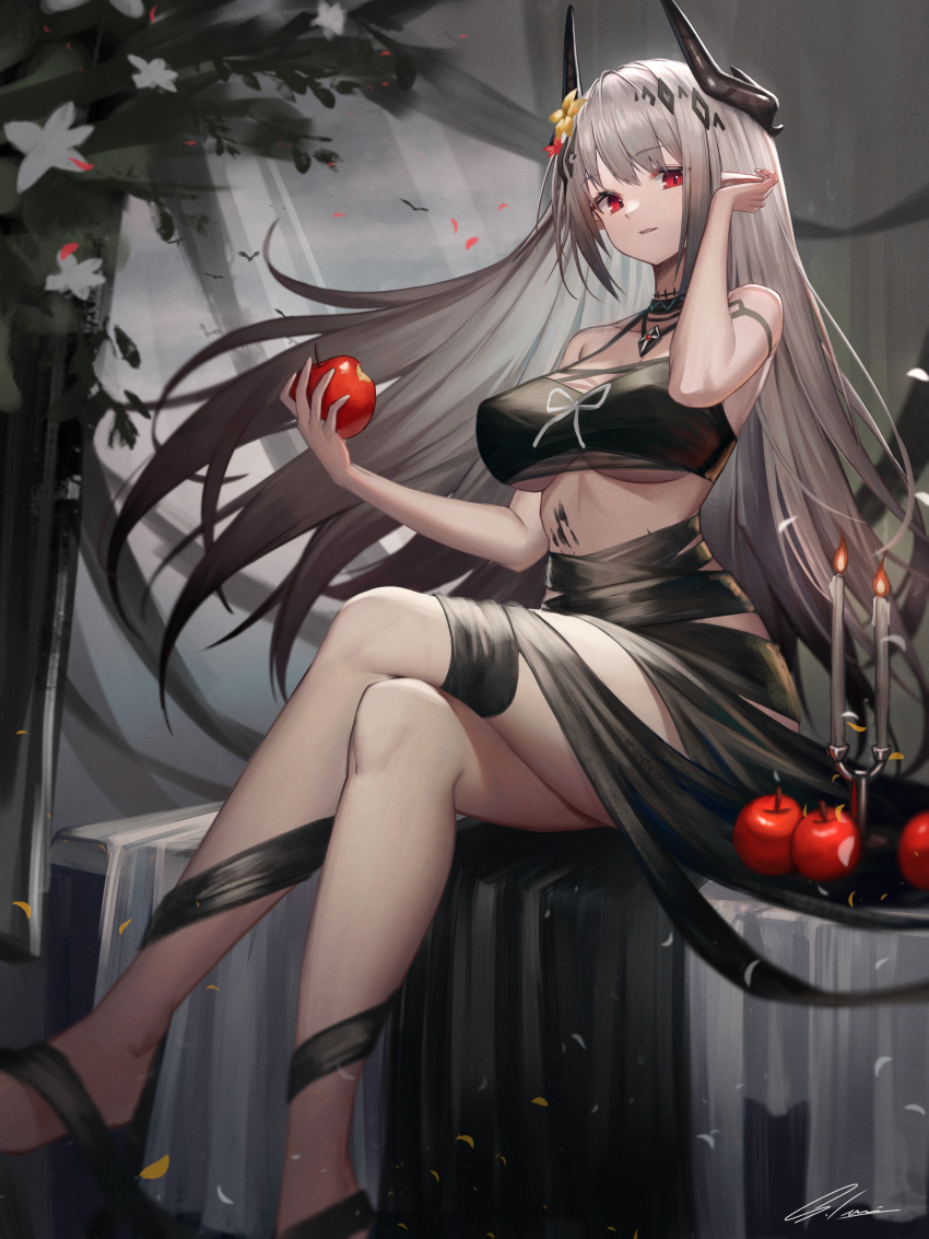 1girl absurdres apple arknights bangs bare_shoulders bikini black_bikini black_choker breasts candle choker commentary crossed_legs eyebrows_visible_through_hair flower food fruit hair_flower hair_ornament hand_up highres holding holding_food holding_fruit horns huge_filesize infection_monitor_(arknights) ioriwu8 jewelry large_breasts long_hair looking_at_viewer mudrock_(arknights) mudrock_(silent_night)_(arknights) navel necklace oripathy_lesion_(arknights) parted_lips red_eyes silver_hair sitting solo stomach swimsuit thighs very_long_hair yellow_flower