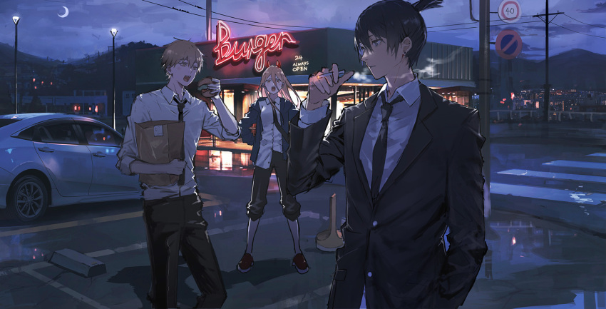1girl 2boys bag bangs black_neckwear blazer burger business_suit car chainsaw_man cigarette city_lights collared_shirt dark demon_girl demon_horns denji_(chainsaw_man) earrings fang food formal ground_vehicle hair_between_eyes hayakawa_aki_(chainsaw_man) holding holding_bag holding_cigarette horns jacket jewelry light lococo:p long_hair moon motor_vehicle multiple_boys necktie night night_sky open_mouth outdoors pants pants_rolled_up power_(chainsaw_man) receipt red_horns restaurant road sharp_teeth shirt shirt_tucked_in shoes short_hair sign sky sleeves_rolled_up smoke sneakers standing street suit teeth utility_pole white_shirt