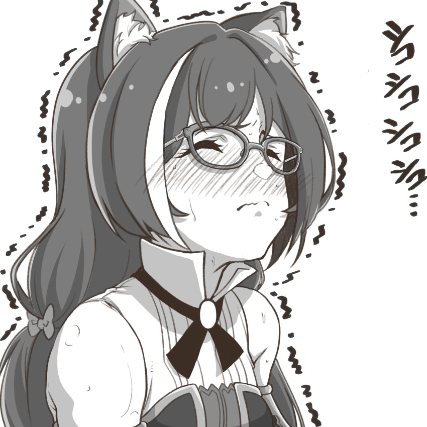 1girl animal_ear_fluff animal_ears bare_shoulders bespectacled blush bow cat_ears closed_eyes closed_mouth full-face_blush glasses greyscale hair_bow highres karyl_(princess_connect!) long_hair monochrome princess_connect! ramanda simple_background solo sweat wavy_mouth white_background