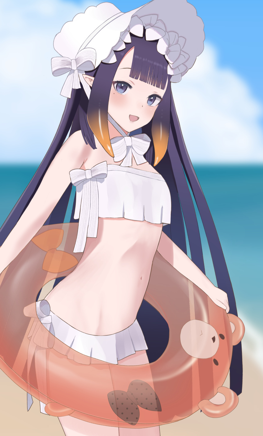 1girl abigail_williams_(fate) abigail_williams_(swimsuit_foreigner)_(fate) abigail_williams_(swimsuit_foreigner)_(fate)_(cosplay) absurdres bangs blue_sky blunt_bangs blush clouds cloudy_sky cosplay fate/grand_order fate_(series) flat_chest hat highres hololive hololive_english innertube long_hair looking_at_viewer me0i mole navel ninomae_ina'nis ocean open_mouth outdoors pleated_skirt purple_hair skirt sky smile solo swimsuit violet_eyes virtual_youtuber water