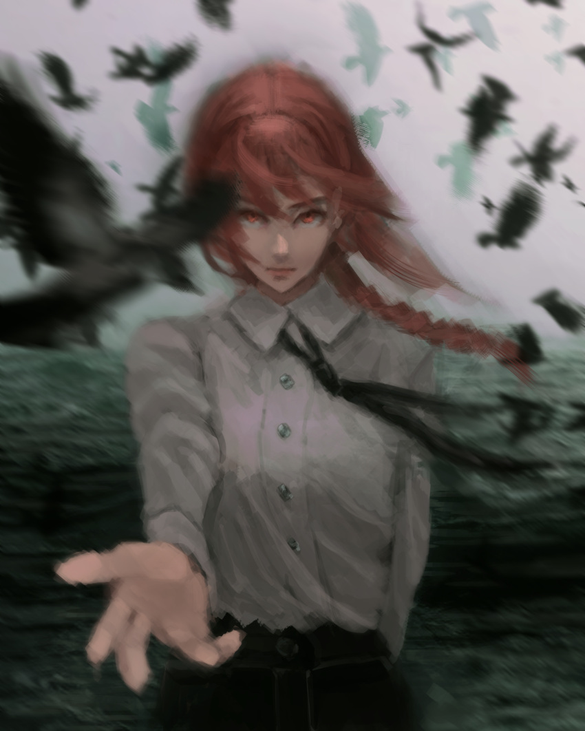 1girl absurdres bird black_pants braid braided_ponytail business_suit chainsaw_man collared_shirt formal high-waist_pants highres hqls looking_at_viewer makima_(chainsaw_man) necktie neckwear office_lady pants raven_(animal) reaching_out red_eyes redhead ringed_eyes shirt shirt_tucked_in sidelocks suit