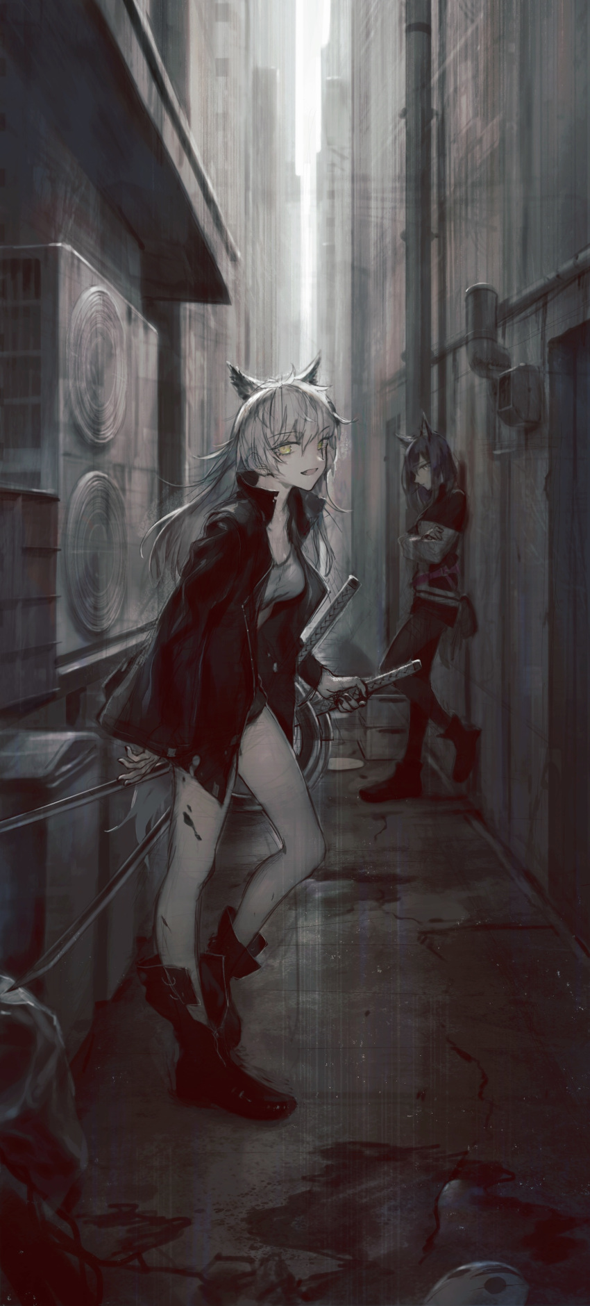 2girls :d absurdres against_wall alley animal_ears arknights black_jacket boots crossed_arms gloves grey_hair grey_theme highres holding holding_sword holding_weapon jacket katana lappland_(arknights) looking_at_viewer multiple_girls multiple_swords open_clothes open_jacket open_mouth pantyhose shirt short_shortts smile sword tentsuu_(tentwo) texas_(arknights) weapon yellow_eyes