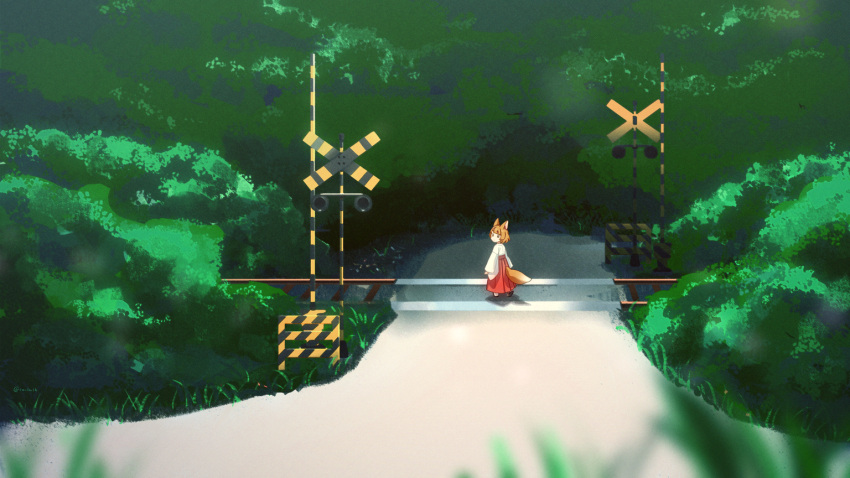 1girl animal_ears bangs blunt_bangs blurry blurry_foreground brown_eyes bush child fox_ears fox_girl fox_tail frown hakama japanese_clothes light_brown_hair looking_back miko nature original outdoors railroad_crossing road scenery shadow short_hair solo street tail torla16 tree