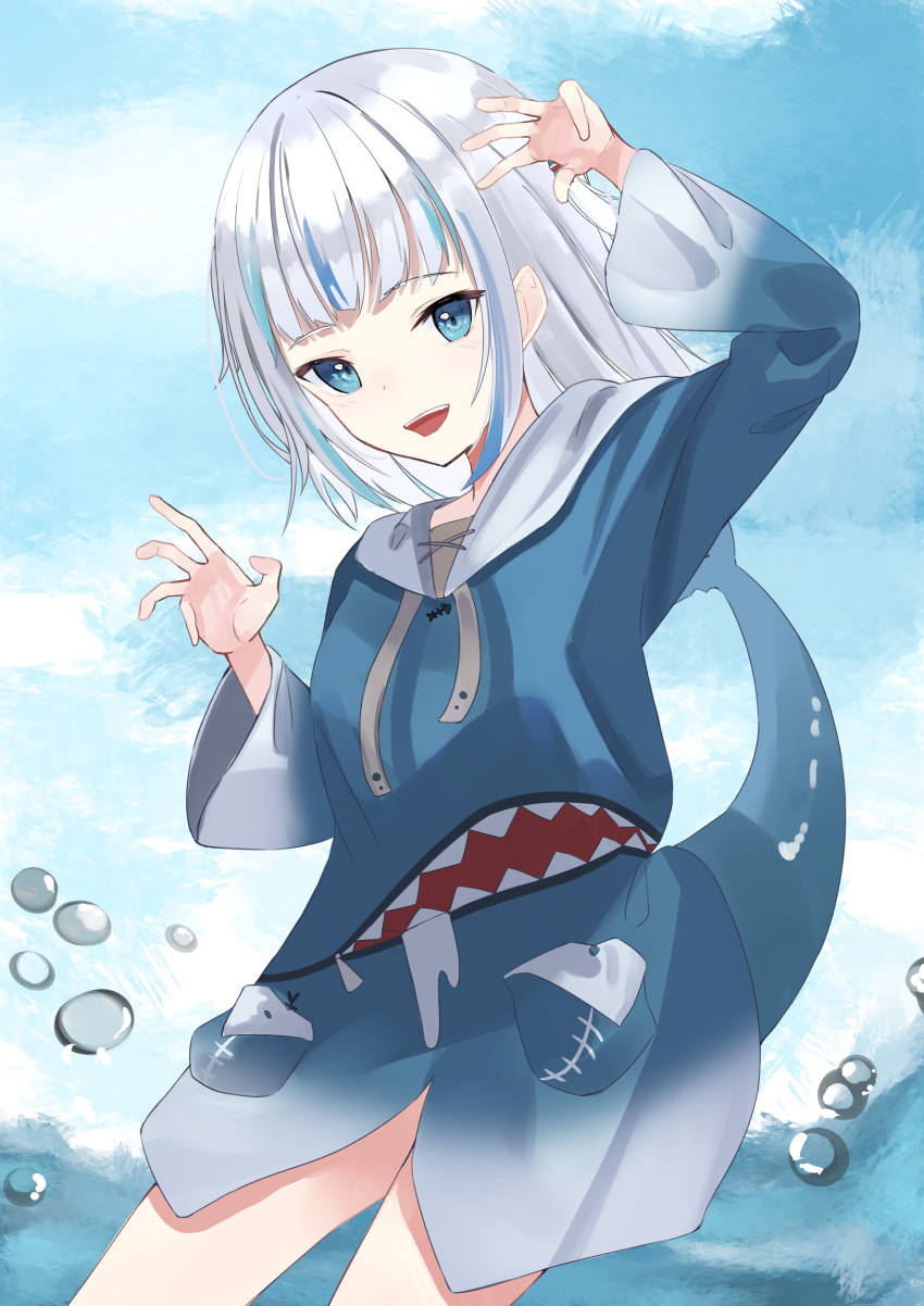 1girl absurdres akainu_(akainu_04) bangs blue_eyes blue_sky blunt_bangs dress fish_tail gawr_gura highres hololive hololive_english hood hoodie huge_filesize long_hair looking_at_viewer multicolored_hair ocean open_mouth sky smile solo sweater sweater_dress tail two-tone_hair virtual_youtuber water water_drop white_hair