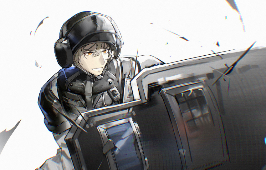 1boy arknights bangs blitz_(rainbow_six_siege) crossover grin helmet highres kagura_tohru long_sleeves police police_uniform rainbow_six_siege shield simple_background smile solo teeth uniform vest white_background white_hair yellow_eyes