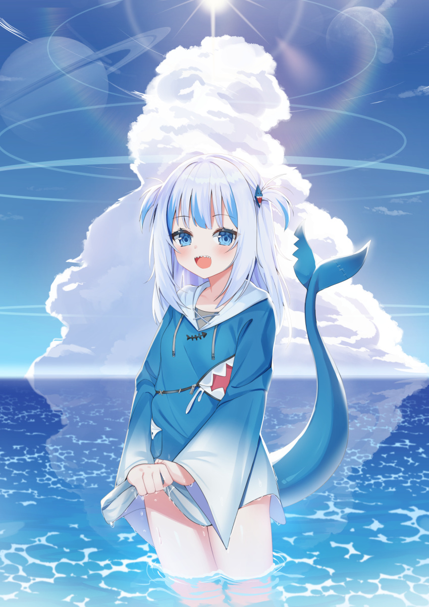 1girl :d bangs blue_eyes blue_hair blue_hoodie blue_sky clouds commentary cowboy_shot day drawstring eyebrows_visible_through_hair fish_tail gawr_gura hair_ornament highres hololive hololive_english hood hoodie long_hair long_sleeves looking_at_viewer multicolored_hair neko_lu_(wofud453) open_mouth outdoors shark_hair_ornament shark_tail sharp_teeth silver_hair sky smile solo standing streaked_hair tail tail_raised teeth two_side_up virtual_youtuber wading water wide_sleeves wringing_clothes