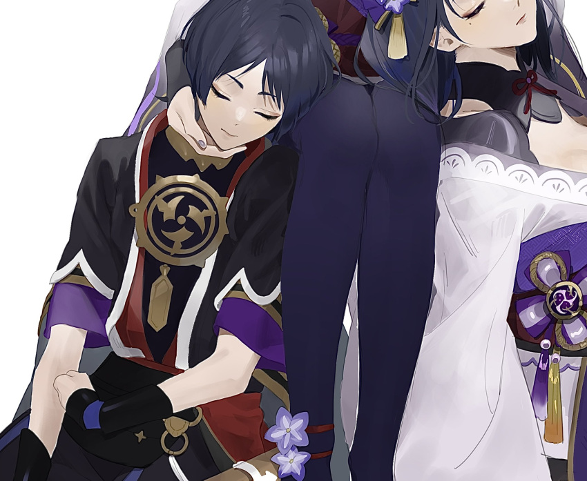 1boy 2girls armor bangs black_hair breasts closed_eyes flower genshin_impact hair_ornament hand_on_another's_chin highres japanese_armor japanese_clothes kote kurokote kushami_deso long_hair long_sleeves mole mole_under_eye multiple_girls obi purple_flower purple_legwear raiden_makoto raiden_shogun sash scaramouche_(genshin_impact) simple_background sitting spoilers tassel vision_(genshin_impact) white_background