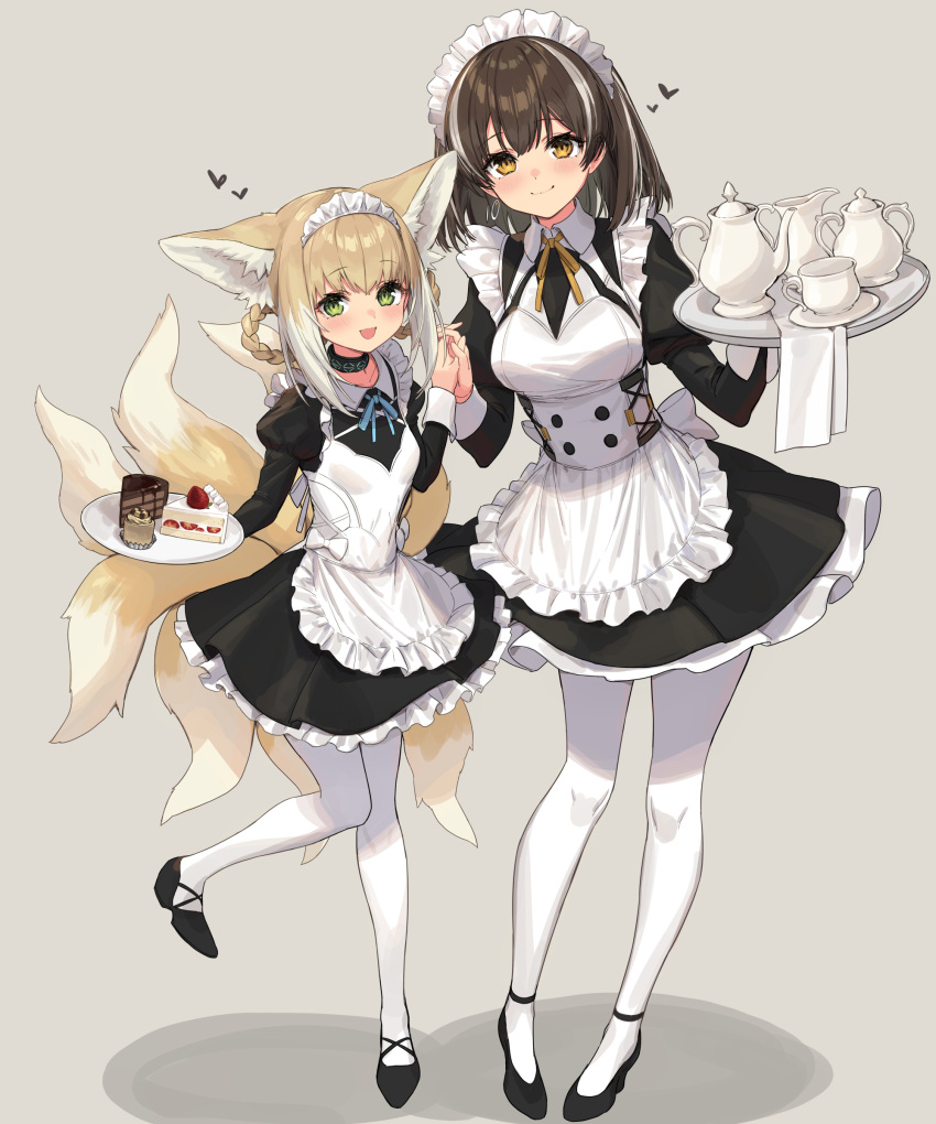2girls :d absurdres alternate_costume animal_ears apron arknights black_dress black_footwear blonde_hair blue_neckwear blue_ribbon blush braid breasts brown_hair cake cake_slice closed_mouth collar cup dress enmaided food fox_ears fox_girl fox_tail frilled_apron frilled_dress frills green_eyes hair_rings heart highres holding holding_hands holding_tray infection_monitor_(arknights) interlocked_fingers juliet_sleeves leg_up long_sleeves looking_at_viewer magallan_(arknights) maid maid_headdress medium_breasts multicolored_hair multiple_girls multiple_tails neck_ribbon open_mouth pantyhose puffy_sleeves ribbon sigm@ smile standing standing_on_one_leg streaked_hair suzuran_(arknights) tail teacup teapot tray two-tone_hair white_apron white_hair white_legwear yellow_eyes yellow_neckwear yellow_ribbon
