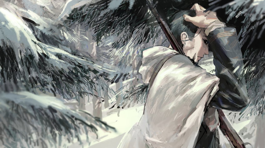 1boy black_eyes black_hair cape closed_mouth forest from_side golden_kamuy hand_up highres hood hood_down hooded_cape long_sleeves looking_at_viewer looking_to_the_side male_focus nature ogata_hyakunosuke pine_tree scar scar_on_cheek scar_on_face sideways_glance snow solo surgical_scar tentsuu_(tentwo) tree white_cape