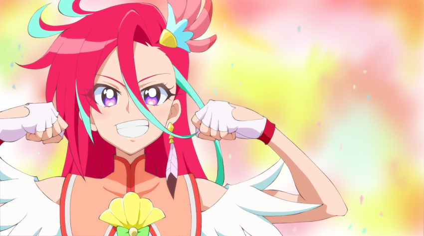 1girl aqua_hair asymmetrical_bangs bangs clenched_hands commentary_request cure_flamingo dress earrings feather_earrings feathers fingerless_gloves flexing gloves grin hair_ornament jewelry kayabakoro long_hair looking_at_viewer magical_girl multicolored multicolored_eyes multicolored_hair pink_eyes pose precure red_dress redhead single_earring smile solo takizawa_asuka tropical-rouge!_precure two-tone_hair violet_eyes white_gloves