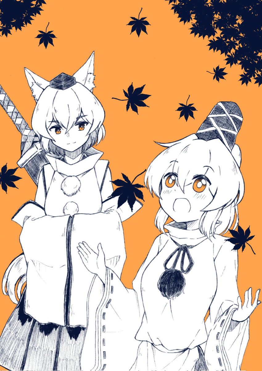 2girls :d animal_ears bangs bright_pupils closed_mouth detached_sleeves eyebrows_visible_through_hair falling_leaves gurajio hands_in_opposite_sleeves hat highres inubashiri_momiji japanese_clothes kariginu leaf limited_palette looking_at_another looking_up maple_leaf mononobe_no_futo multiple_girls open_mouth orange_background orange_eyes pom_pom_(clothes) ponytail ribbon-trimmed_sleeves ribbon_trim shirt short_hair simple_background skirt smile sword sword_behind_back symbol-only_commentary tail tate_eboshi tokin_hat touhou upper_body weapon wide_sleeves wolf_ears wolf_tail