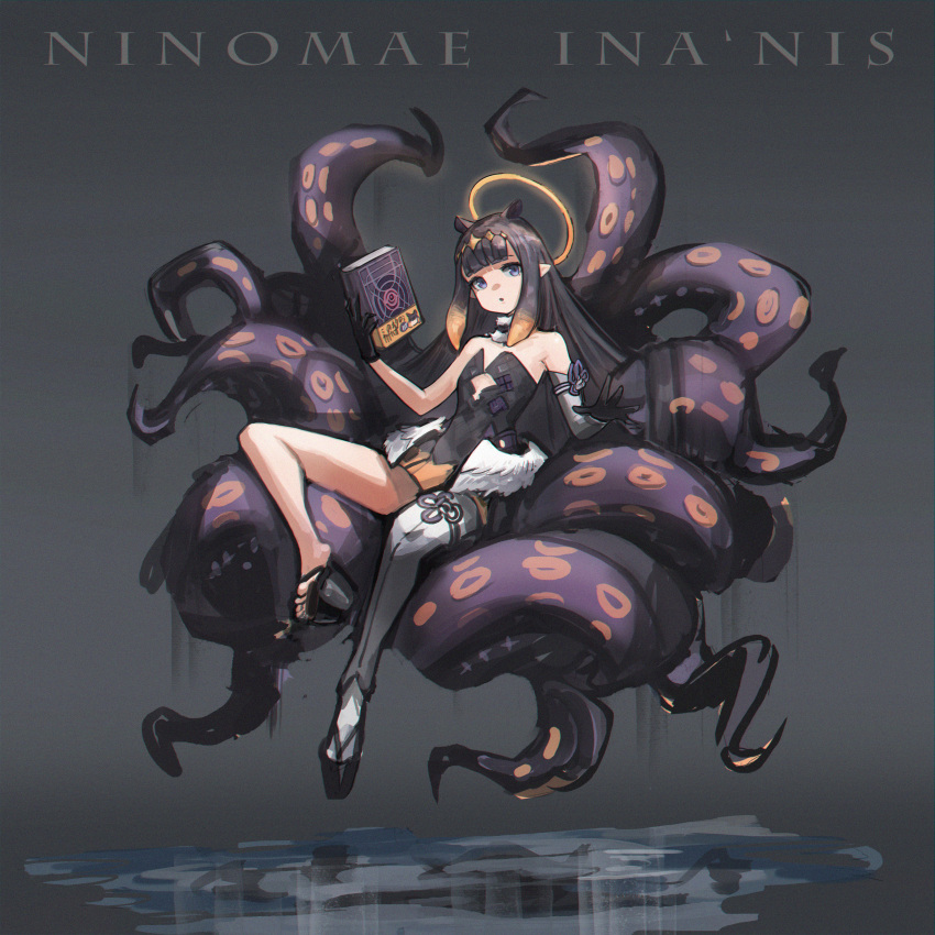 1girl absurdres asymmetrical_footwear asymmetrical_gloves asymmetrical_legwear bangs bare_shoulders black_gloves blunt_bangs book cleavage_cutout clothing_cutout flat_chest full_body gloves halo highres hololive hololive_english huge_filesize long_hair multicolored_hair ninomae_ina'nis solo starcat tentacles thigh-highs two-tone_hair violet_eyes virtual_youtuber white_legwear