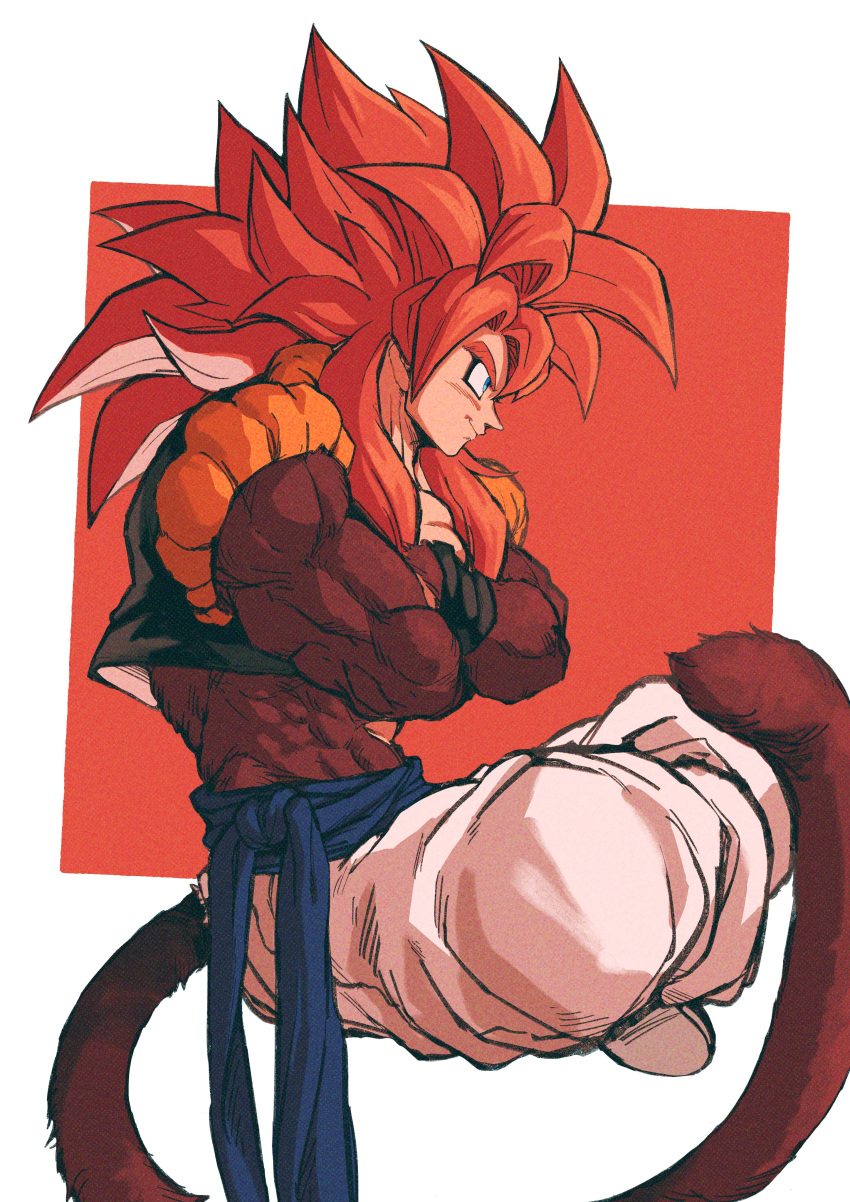 1boy abs absurdres bare_pectorals biceps black_legwear blue_eyes body_fur crossed_arms crossed_legs dragon_ball dragon_ball_gt floating gogeta highres male_focus metamoran_vest monkey_boy monkey_tail muscular muscular_male no_nipples obi pants pectorals red_fur redhead relio_db318 sash simple_background smile super_saiyan super_saiyan_4 tail