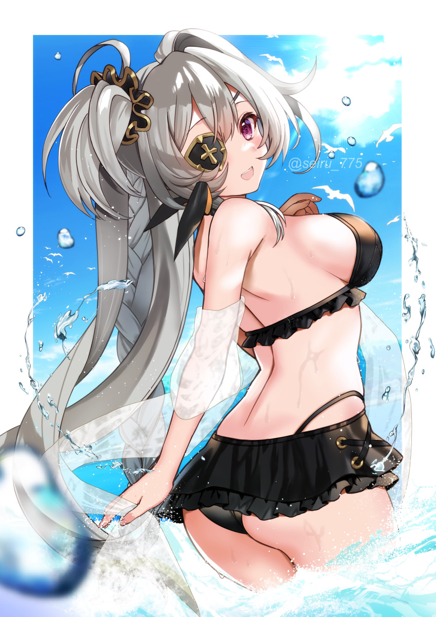 absurdres alchemy_stars ass bikini bikini_skirt breasts commission eicy_(alchemy_stars) eyepatch from_behind happy highres looking_at_viewer medium_breasts one_eye_covered see-through see-through_sleeves seiru_(prairie) skeb_commission smile swimsuit twintails violet_eyes water wet white_hair
