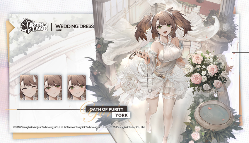 1girl azur_lane blush bouquet breasts brown_hair detached_sleeves dress english_commentary flower frills green_eyes large_breasts long_hair looking_at_viewer mkiiiiii official_alternate_costume official_art open_mouth solo thigh-highs twintails wedding_dress white_dress york_(azur_lane) york_(oath_of_purity)_(azur_lane)