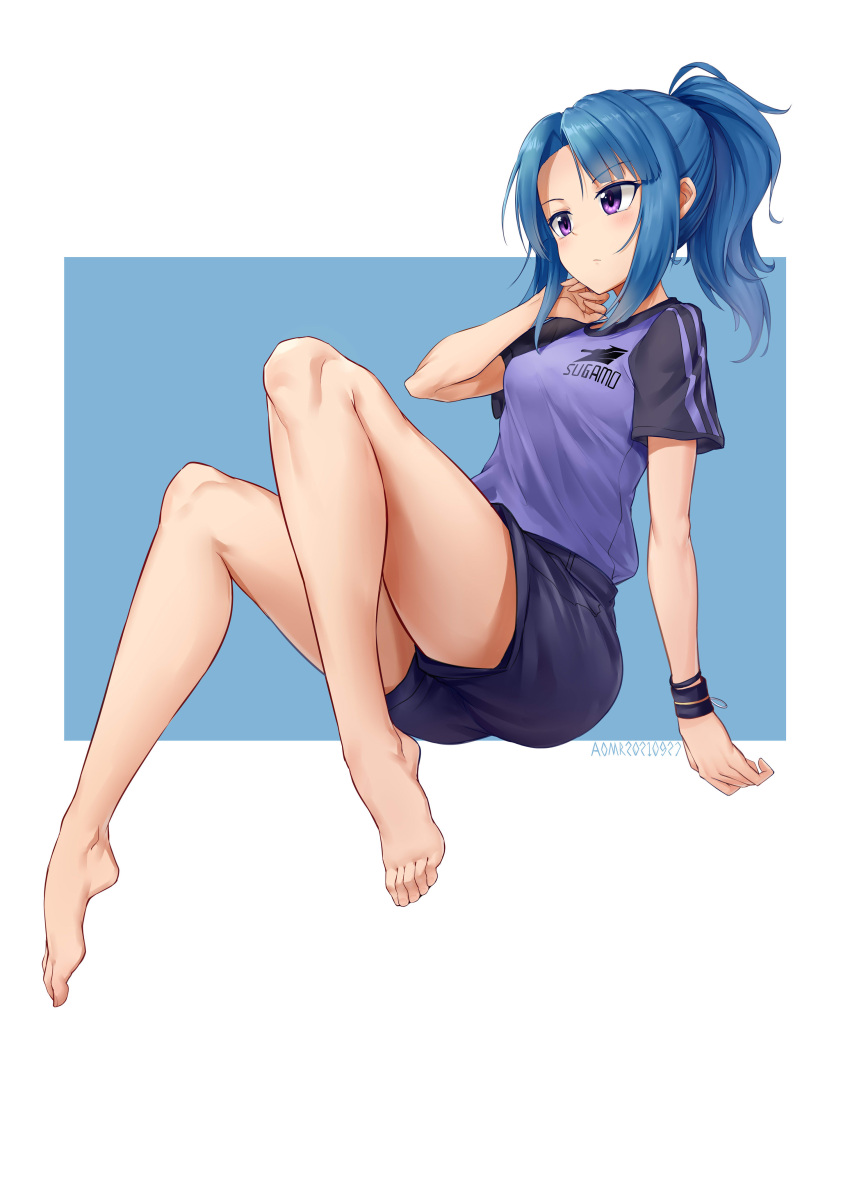 1girl absurdres alice_gear_aegis aomoro bangs bare_legs barefoot blue_hair breasts closed_mouth commentary_request dated dated_commentary eyebrows_visible_through_hair feet full_body hand_up highres long_hair looking_away parted_bangs ponytail purple_shirt purple_shorts shirt short_shorts short_sleeves shorts sidelocks signature simple_background solo takanashi_rei two-tone_background violet_eyes wristband