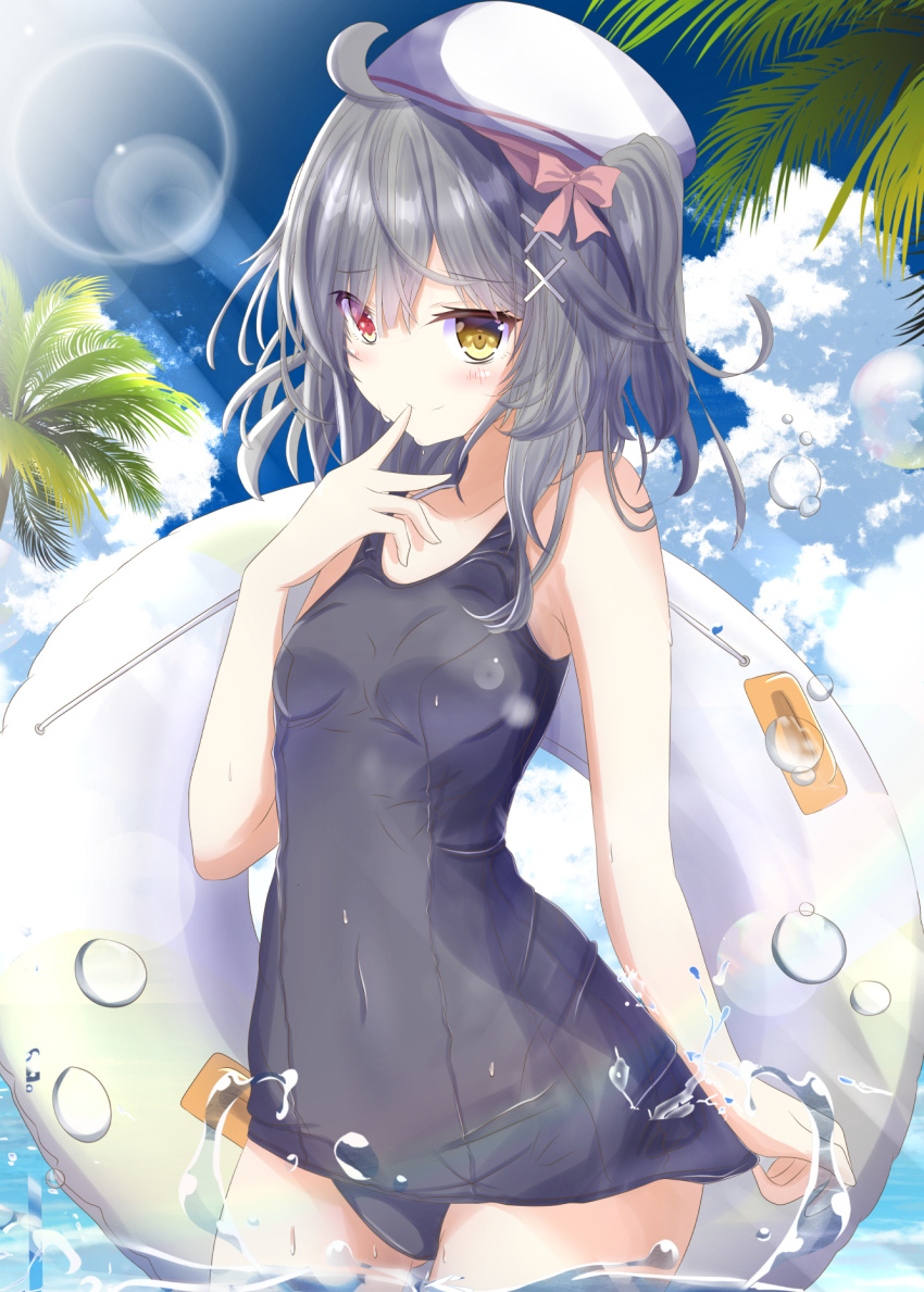 1girl ahoge aruka_(alka_p1) beret black_hair blush bow breasts clouds cowboy_shot finger_to_mouth hair_between_eyes hair_ornament hat heterochromia highres innertube lens_flare medium_hair one-piece_swimsuit original outdoors palm_tree pink_bow red_eyes school_swimsuit sky small_breasts solo standing swimsuit tree water white_headwear x_hair_ornament yellow_eyes