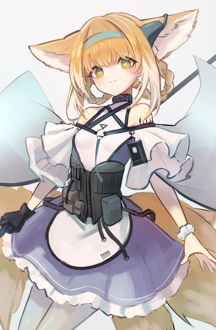 1girl animal_ears arknights black_gloves blonde_hair blue_hairband closed_mouth earpiece fox_ears fox_girl fox_tail gloves green_eyes hairband highres holding holding_staff infection_monitor_(arknights) long_hair multiple_tails oripathy_lesion_(arknights) pantyhose shino_duka single_glove single_wrist_cuff smile solo staff suzuran_(arknights) tail white_legwear wrist_cuffs